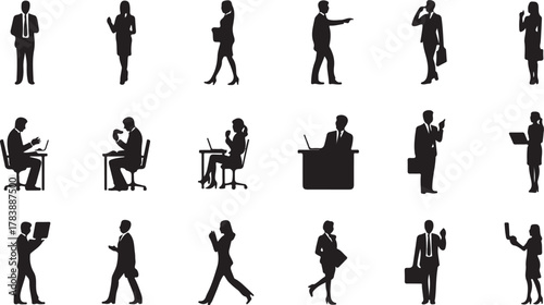 Collection of diverse business people silhouettes in various poses and actions