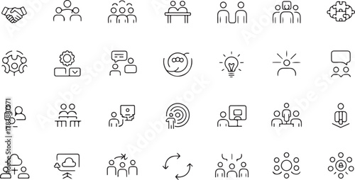 Collection of hand drawn business and teamwork icons in a grid layout