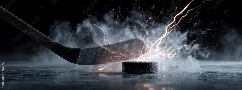 Fototapeta premium Dynamic Ice Hockey Moment: Stick Striking Puck Creating Burst of Icy Mist and Light in Action