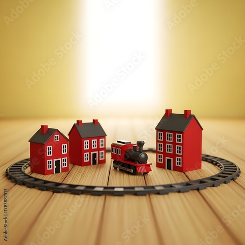 Miniature red toy houses and a train sit on a circular track with a bright light shining from above