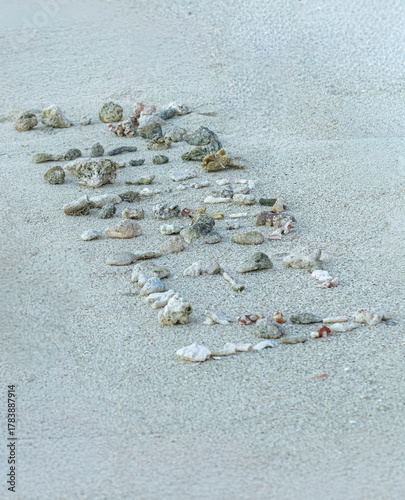 MOOREA écris sur le sable avec des morceaux de corail en Polynésie