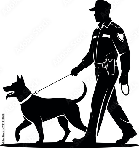 A security guard walks with a police dog on a leash.