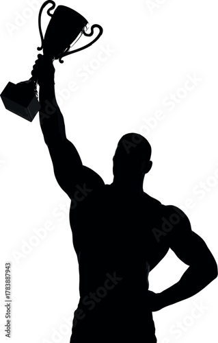 Silhouette of a muscular person holding up a trophy in victory pose.