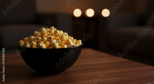 Golden Popcorn in Black Bowl on Wooden Table in Dim Room