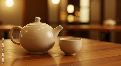 Ceramic Teapot and Teacup on Wooden Table in Softly Lit Room