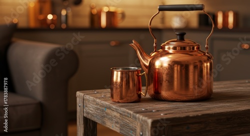 Warm Copper Kettle and Mug on a Wooden Table in a Cozy Room