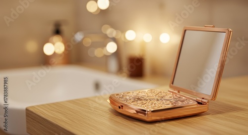 Elegant Gold Compact Mirror Open on Wooden Countertop in Bathroom