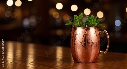 Refreshing Moscow Mule Cocktail in Copper Mug on Bar with Bokeh Lights