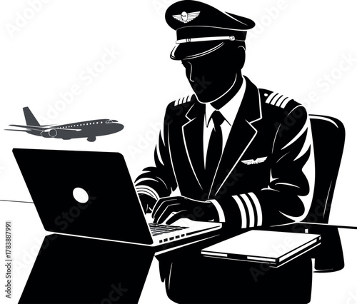 A pilot in uniform uses a laptop while an airplane flies in the background.