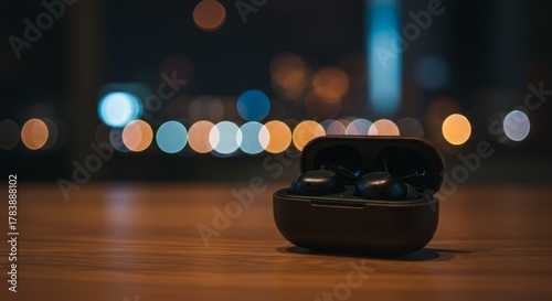 Modern Black Wireless Earbuds in Charging Case on Wooden Table
