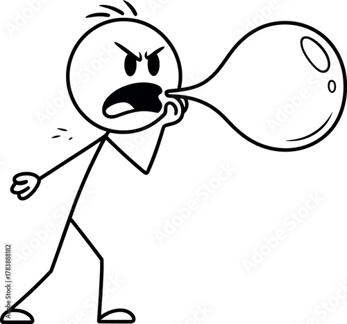 A stick figure person is angrily blowing up a large balloon with great effort.