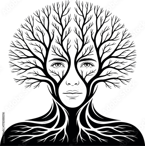 A woman's face emerges from a stylized tree trunk and branches.