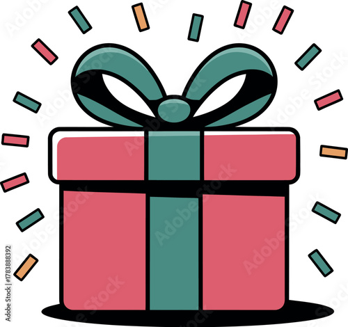 A pink gift box tied with a green ribbon, with confetti bursting around it.