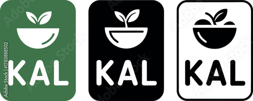 Three graphic icons represent food calories with the text 'KAL' and symbols of a bowl with leaves or an apple.