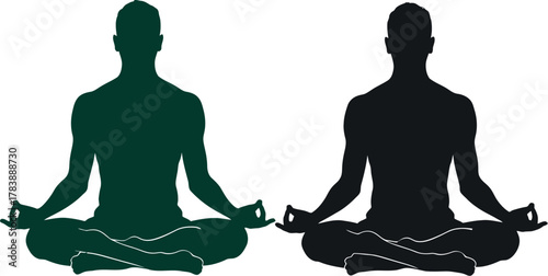 Silhouettes of two people meditating in a lotus pose against a white background.