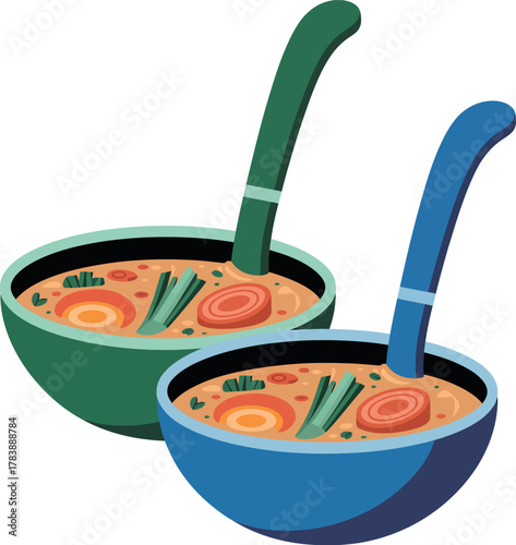 Two bowls of warm, hearty soup are presented with ladles.