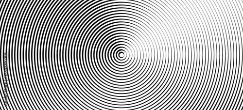 Black concentric circle texture. Radial geometric pattern background. Linear epicenter, radar or target concept. Round rippled ring wallpaper for brochure, template, poster, overlay. Vector backdrop