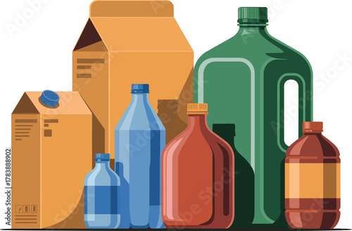 Various containers for liquids are arranged in a group.