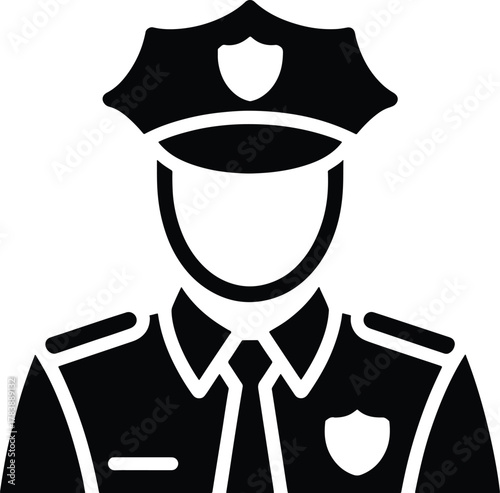 Police officer silhouette icon in uniform and cap emblem design