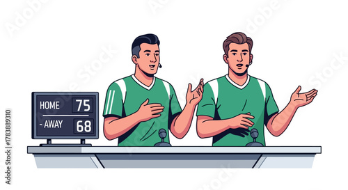 Two commentators in green shirts are broadcasting a sports game, with a scoreboard visible.