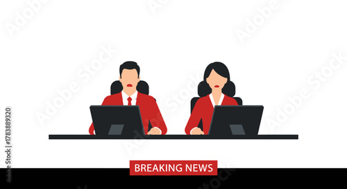 Male and female news anchors sitting at a desk with laptops, with a 'Breaking News' banner below.