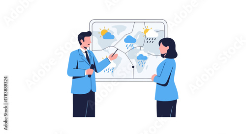 Professional man and woman analyzing a global weather forecast on a large screen, discussing meteorological data and climate patterns.