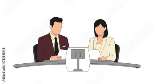 Two news anchors sitting at a desk, presenting information, with a screen in front of them.