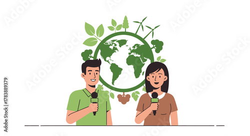 Two reporters broadcasting about environmental issues with a globe and green leaves in the background.