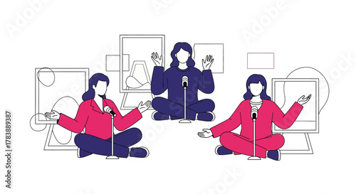 Three women with microphones sitting cross-legged, recording a podcast or panel discussion.