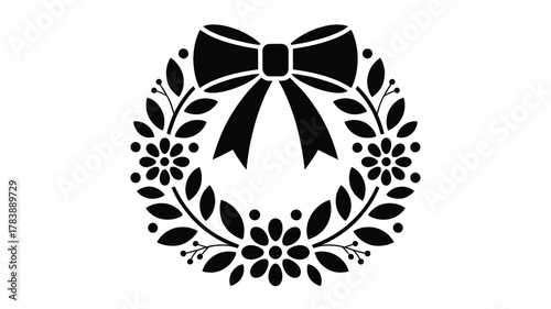 Elegant black silhouette of a decorative wreath with a large bow and floral accents creating a classic ornamental design element silhouette