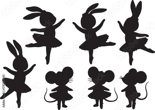 Dancing bunny and mouse silhouettes illustration for creative design projects