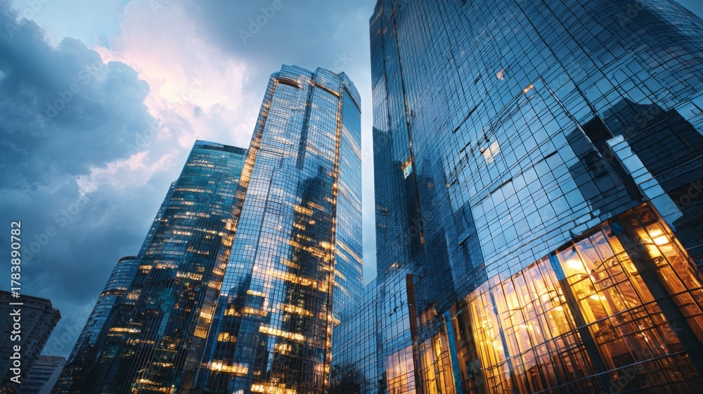Fototapeta premium Cloudy Evening Sky with Soft Reflections on Modern Architecture in Urban Environment