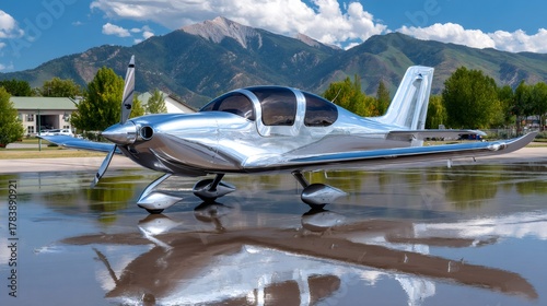 Wallpaper Mural Chrome airplane reflecting on wet tarmac with mountains Torontodigital.ca