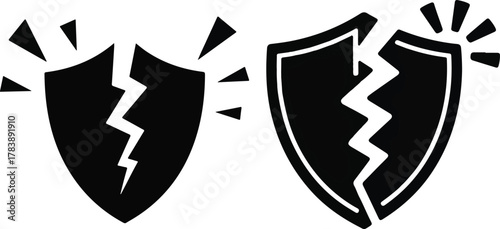 Shattered Security Shield Icon Set, Cyber Attack, Data Breach, and Protection Failure Vector