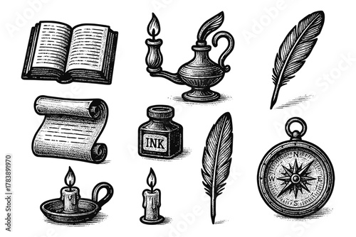 Vintage writing tools and accessories with book and compass in engraved style