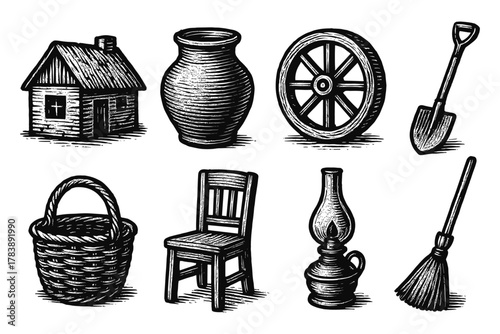 Hand-drawn rustic objects collection featuring house, pot, wheel, shovel, basket, chair, lamp, broom