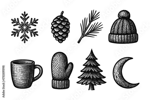 Vintage winter elements: hand-drawn collection featuring snowflake, pine cone, and cozy accessories
