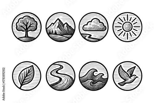 Vintage nature icons featuring trees, mountains, clouds, and wildlife in detailed black and white style