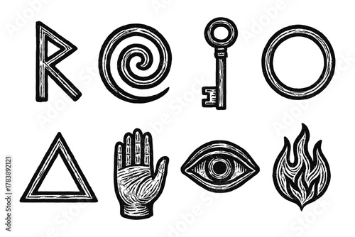 Mystical and symbolic hand-drawn icons featuring runes and spiritual elements