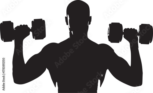 Silhouette of a person lifting dumbbells in a shoulder press exercise

