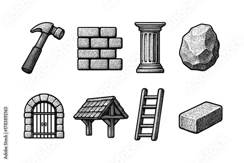 Hand drawn engraving style building tools and materials set with hammer and ladder