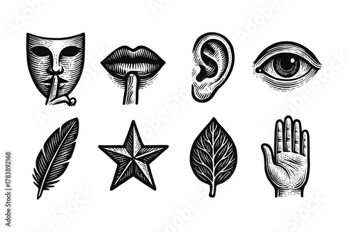 Vintage engraving style icons of communication and nature elements