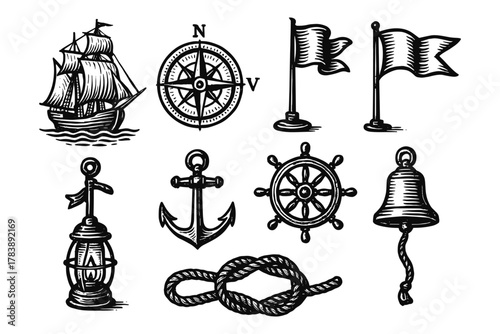 Nautical symbols collection in vintage black and white style featuring ships, anchors, and compasses