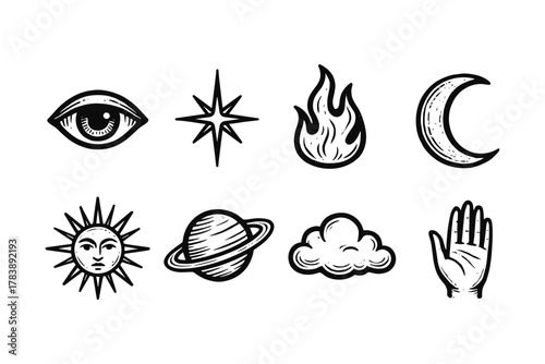 Mystical icons collection: planets, stars, and celestial symbols in hand drawn style