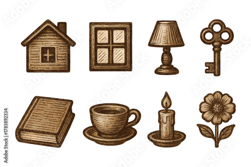 Rustic vintage icons of home and comfort items in hand drawn style