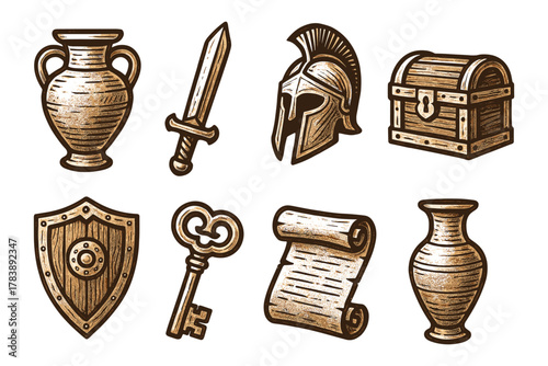 Vintage medieval icons featuring swords and shields in engraved retro style