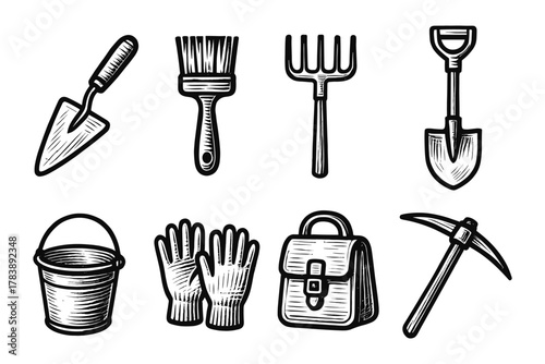 Hand drawn gardening tools on white background in vintage style