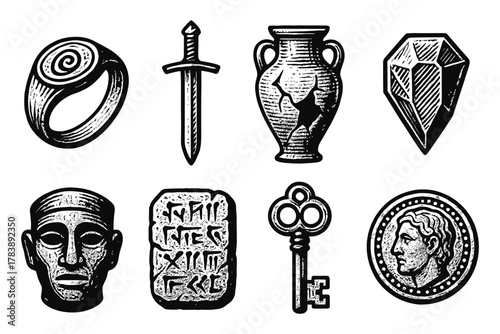 Ancient artifacts collection: engraved historic relics and treasures