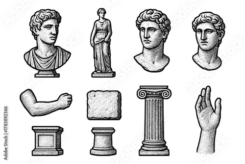 Classical engraving style ancient greek and roman sculpture elements collection