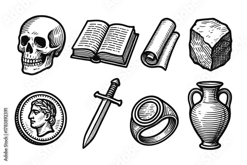 Detailed engraving style of historical artifacts including skull and ancient items